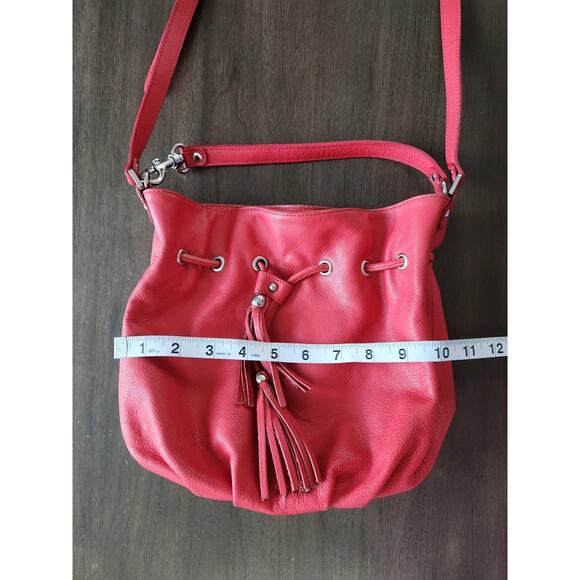 Vintage Y2K Lancaster Paris Red Bucket Drawstring Leather Crossbody bag - Picture 11 of 13